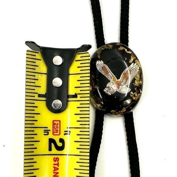 Bolo Tie Flying Bald Eagle Gold Leaf on Black Background Western Necklace - Picture 8 of 9